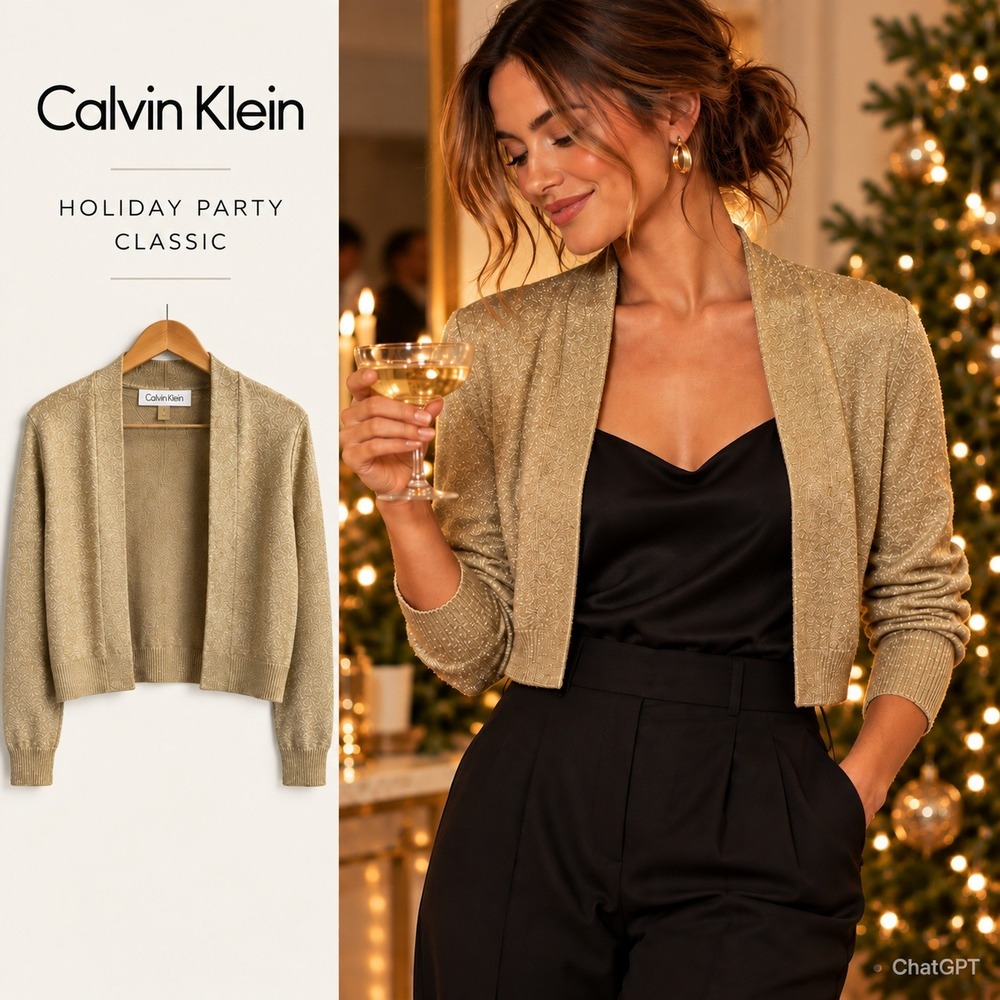 Calvin Klein Cardigan Women XL Gold Metallic Open Front Cropped Shimmer Holiday